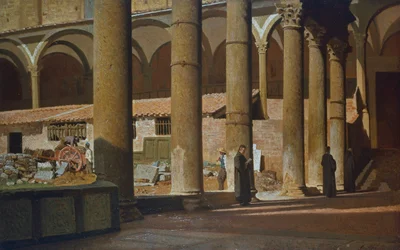 Klášter St Croce, cca 1862, od Giuseppe Abbatiho (1836-1868), olej na plátně, Itálie