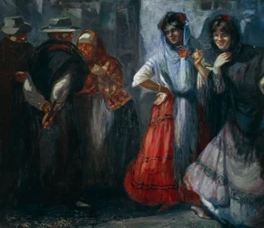 Statek galantries, obraz Giuseppe Aprea (1876-1946), olej na plátně. Itálie, 20. století.