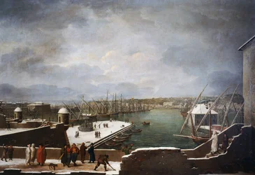 Pohled na přístav Janov ve sněhu