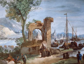 Imaginární pohled: Přístav s ruinami a vodopádem, Giuseppe Bernardino Bison (1762-1844)
