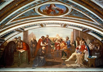 Galileo Galilei předvádí zákon gravitace za přítomnosti Giovanniho De