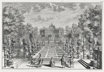 Prostředí pro operu v zahradě, od Architectus Theatralis Primarius, ryté Johannem Andreasem Pfeffelem (1674-1748), vydáno 1740