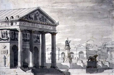 Neoklasická scénická sada, cca 1825 (pero, inkoust a sépie mytí na papíře)