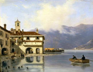 Como. Pobřeží a přístav Menaggio (1850). Malba od Canelly. Menaggio (Como).