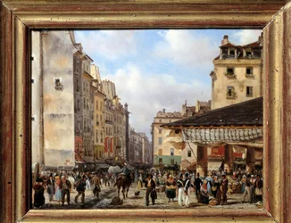 Les Halles a rue de la Tonnellerie v roce 1828: pohled na Paříž v 19. století. Obraz Giuseppe Canella (1788-1847)