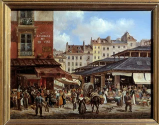 Pohled na Halles v Paříži Malba na kartonu od Giuseppe Canella (1788-1847) 1828. Rozměr 0,14 x 0,19 m Paříž, Musee Carnavalet