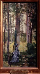 Vallospoli Elegantní žena procházky v lese Malba Giovanni Fattori