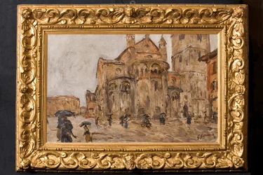 Piazza Grande in the Rain (olej na překližce)