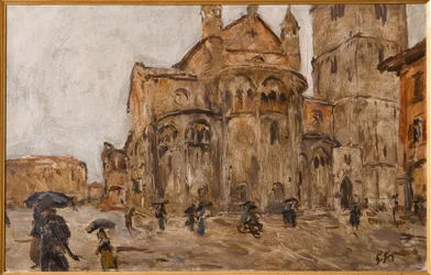 Piazza Grande in the Rain (olej na překližce)