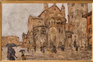 Piazza Grande in the Rain (olej na překližce)