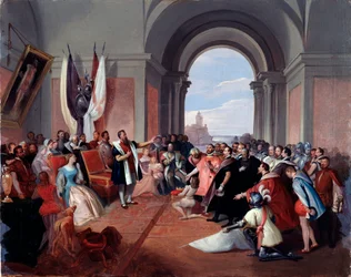 Andrea Doria odmítající korunu Janova, Giuseppe Isola (1808-1893), c. 1868 (olej na plátně)