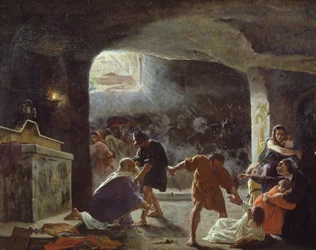 První křesťané zabití v katakombách, obraz Giuseppe Mancinelli (1813-1875)