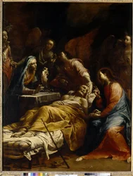 Smrt svatého Josefa. Stařec ležící na smrtelném loži, obklopený Pannou Marií, Ježíšem Kristem, který mu žehná, a anděly. Obraz Giuseppe Maria Crespiho, zvaného Lo Spagnolo (1665-1747), olej na plátně, kolem roku 1712. Italské umění