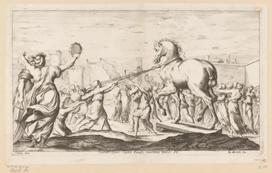 Trojský kůň je přiveden Scandit equus ruptos Fatalis machina muros (název na objektu) Putování Aeneas (název série) L