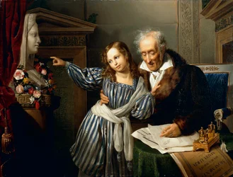 Stařec ukazuje Herm Maria Luigia své vnučce, Giuseppe Molteni, kolem roku 1830, olej na plátně