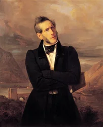 Portrét Alessandra Manzoniho s pohledy na Lecco, obraz Giuseppe Molteni (1800-1867), krajina maloval Massimo d