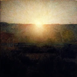 Vycházející slunce. Obraz Giuseppeho Pellizzy da Volpedo (1868-1907), 1904. Rozměry: 155 x 155 cm. Řím, Galleria d