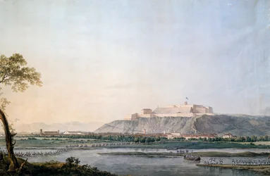 Francouzská armáda překračuje Scrivia, obraz Giuseppe Pietro Bagetti (1764-1831), napoleonské války, Itálie