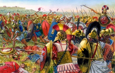 Starověký Řím: Lars Porsenna, etruské vojsko u bran Říma 507 př. n. l. - Lars Porsenna (Porsena), etruský král během války proti Římu - Ilustrace Giuseppe Rava