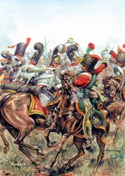 Bitva u Slavkova 2. 12. 1805, bitva mezi vojáky Velké armády a Rusy a Rakušany - Bitva u Slavkova, 2. prosince 1805, mezi armádou Napoleona I. a ruskými a rakouskými vojsky - Ilustrace Giuseppe Rava