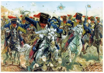 Krymská válka: bitva u Balaklavy 25/10/1854, útok anglické jízdy - Krymská válka: útok britské jízdy během bitvy u Balaklavy, svedené 25. října 1854 - Ilustrace Giuseppeho Ravy