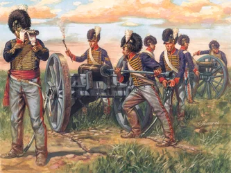 První říše: Angličtí dělostřelci nabíjející dělo v bitvě u Waterloo v roce 1815 - První říše: vojáci britské armády nabíjející dělo v bitvě u Waterloo v roce 1815 - Ilustrace Giuseppe Rava