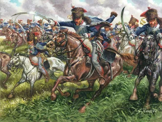 První císařství: útok 15. pluku anglických dragounů v bitvě u Waterloo 18.6.1815 - První císařství: útok 15. pluku britských dragounů u Waterloo 18. června 1815 - Ilustrace Giuseppe Rava