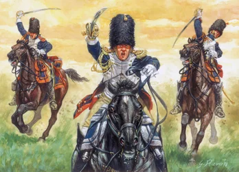 První císařství: útok granátníků na koních od císařské gardy Napoleona I. po bitvu u Eylau 8. 2. 1807 - Válka čtvrté koalice: Bitva u Eylau (nebo také bitva u Preussisch-Eylau), 7. a 8. února 1807, útok gardového gr.