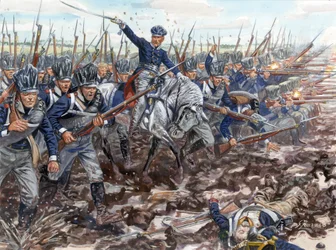 První říše: postup pruské pěchoty v roce 1813 - První říše: nabíjení pruské pěchoty 1813 - Ilustrace Giuseppe Rava