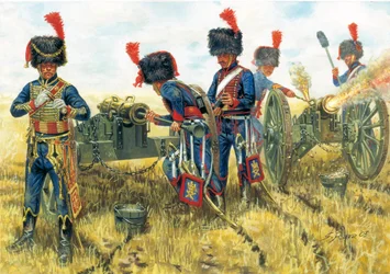První císařství: vojáci dělostřelectva císařské gardy Napoleona I. v bitvě u Waterloo 18.6.1815 - První císařství: vojáci jízdního dělostřelectva císařské gardy Napoleona I. ve Waterloo 18. června 1815 - Ilustrace Giuseppe Rava