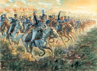 První říše: útok pruských husarů kolem roku 1810 - První říše: pruští husaři útočí - Ilustrace Giuseppe Rava