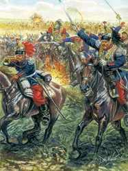 Prusko-francouzská válka 1870: útok francouzských bitevních lodí v bitvě u Froeschwiller Woerth (Froeschwiller-Woerth) 6. 8. 1870 - Prusko-francouzská válka: bitva u Worthu (Reichshoffen nebo Froschweiler) (1870): Útok francouzského jezdectva, srpen