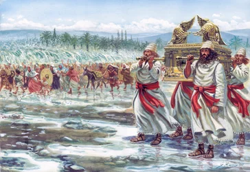 Jozue nese Archu úmluvy a přechází s židovským lidem řeku Jordán - Ilustrace Giuseppeho Ravy