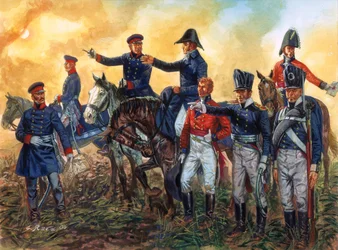 Napoleonská válka: Arthur Wellesley, vévoda z Wellingtonu (1769-1852) velící britským vojskům a Gebhard Leberecht von Blucher (1742-1819) velící pruské armádě v bitvě u Waterloo 18.6.1815 - (Napoleonské války: velitelé vévoda z Wellingtonu pro