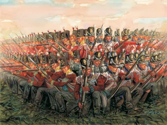 Napoleonské války: Angličtí vojáci během bitvy u Waterloo 18. června 1815 Ilustrace Giuseppe Rava