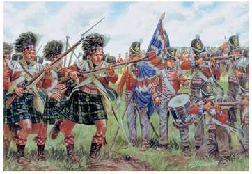 Napoleonské války: skotští a britští vojáci v bitvě u Waterloo 18. června 1815 Ilustrace Giuseppe Rava
