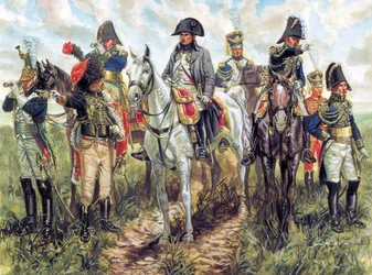 Portrét Napoleona I. (1769-1821) a jeho štábu - Portrét francouzského císaře Napoleona I. a jeho štábu - Ilustrace Giuseppe Rava