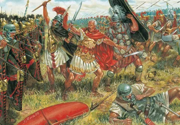 Římský starověk: Julius Caesar (100-44 př. n. l.) vítězí v bitvě u Mundy 17. března 45 př. n. l. v jižním Španělsku proti stoupencům republiky - Ilustrace