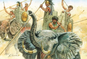 Římská antika: Hannibalovi sloni - vyobrazení slonů, kteří umožnili generálu Hannibalovi (247-183 př. n. l.) překročit Alpy v roce 218 př. n. l. během druhé punské války Ilustrace Giuseppe Rava
