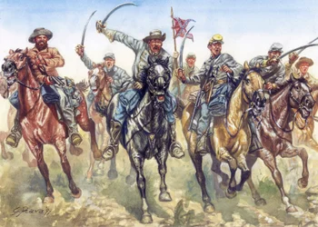 Secesionální válka (1861-1865) - Americká občanská válka: konfederační kavalerie útočí - Ilustrace Giuseppe Rava