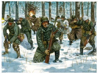 Druhá světová válka: Ofenzíva americké pěchoty v bitvě v Ardenách u Bastogne, prosinec 1944 - Druhá světová válka: americká ofenzíva během bitvy v Ardenách, prosinec 1944 - Ilustrace Giuseppe Rava