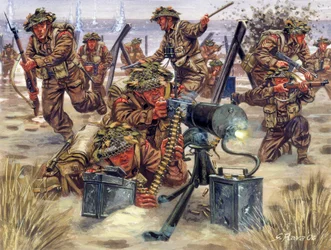 Druhá světová válka: vylodění v Normandii v červnu 1944, angličtí vojáci - druhá světová válka: Ilustrace: Giuseppe Rava, vylodění v Normandii, britští vojáci, 6. června 1944