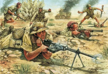 Druhá světová válka: vojáci italské armády (pěchota a bersaglieři) v Libyi během italské okupace v letech 1934-1943 - Druhá světová válka: italští bersaglieři a pěchota během italské okupace Libye