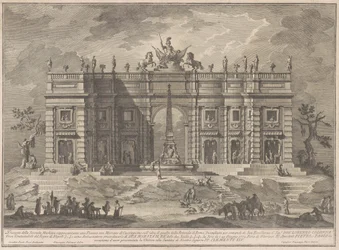 Seconda Macchina pro Čínu z roku 1772: náměstí s herním trhem a fontánou Pantheon