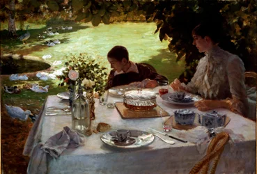 Snídaně v zahradě Matka a její syn sedí u stolu prostřeného k snídani a sledují husy a kachny v zahradě. Obraz Giuseppe de Nittis (1846-1894) 1884 Rozm. 81x117 cm Barletta, Museo De Nittis