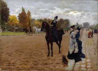 Amazon Cavaliere mluví s chodci Avenue Foch v Paříži. Obraz Giuseppe De Nittis (1846-1884), kolem roku 1875. Olej na plátně. Rozměr: 42 x 31 cm. Genes, Galleria d