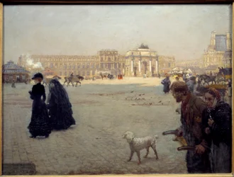 Ruiny Place du Carrousel Tuileries v roce 1882. Stůl představující výhled na Paříž. Obraz Guiseppe Nittis (1846 - 1884)