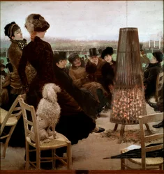 Dostihy v Boulogneském lesíku. Diváci sledují koňské dostihy. 1881. Řím, Galleria Nazionale d