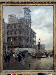 Pohled na Place des Pyramides v Paříži v roce 1875 Pařížané přecházejí náměstí poblíž staveniště. Obraz Giuseppe de Nittis (1846-1894) 1875 Ne. 0,92 x 0,74 m. Paříž, Musee d