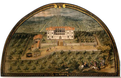 Vila "" La Peggio "" od Giusto Utense (16. století). Muži hrají míč. Muzeum Florencie, jak to bylo. Florencie.